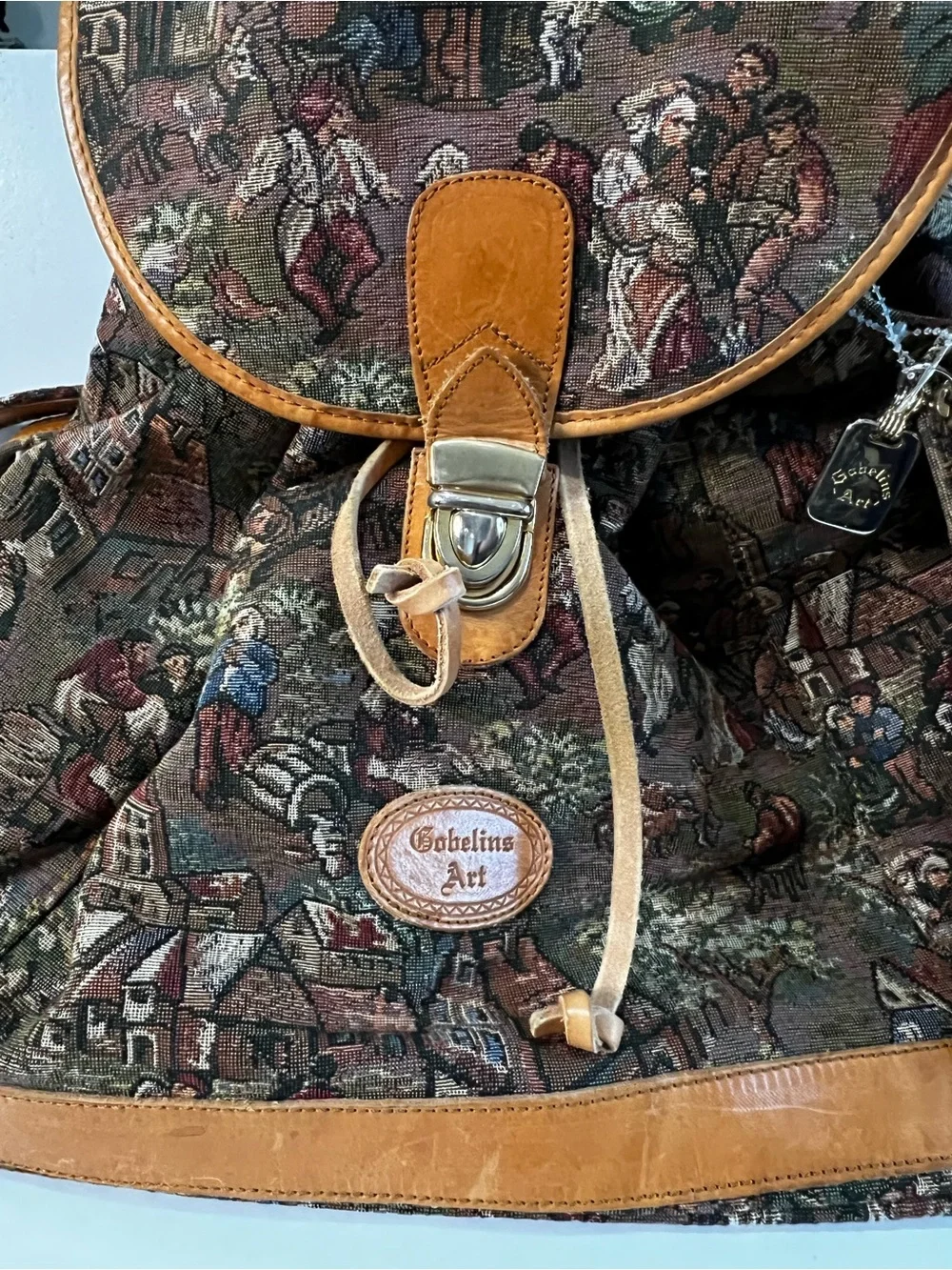 Gobelins Art Vintage 90s Tapestry Boho Drawstring Backpack Satchel w/ Pouch